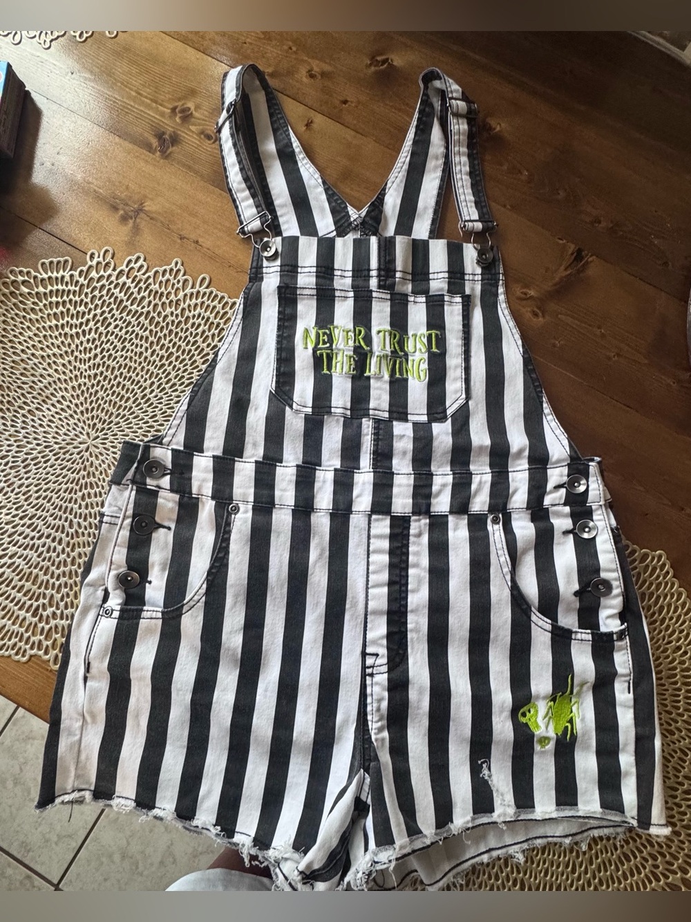 Striped Black & White adult M Overall Shorts with Neon Accent